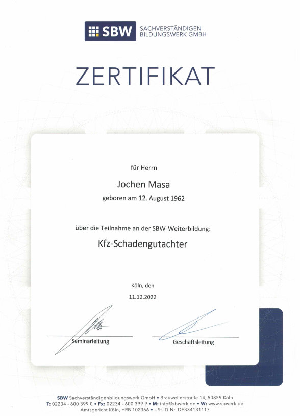 Zertifikat Kfz - Schadengutachter